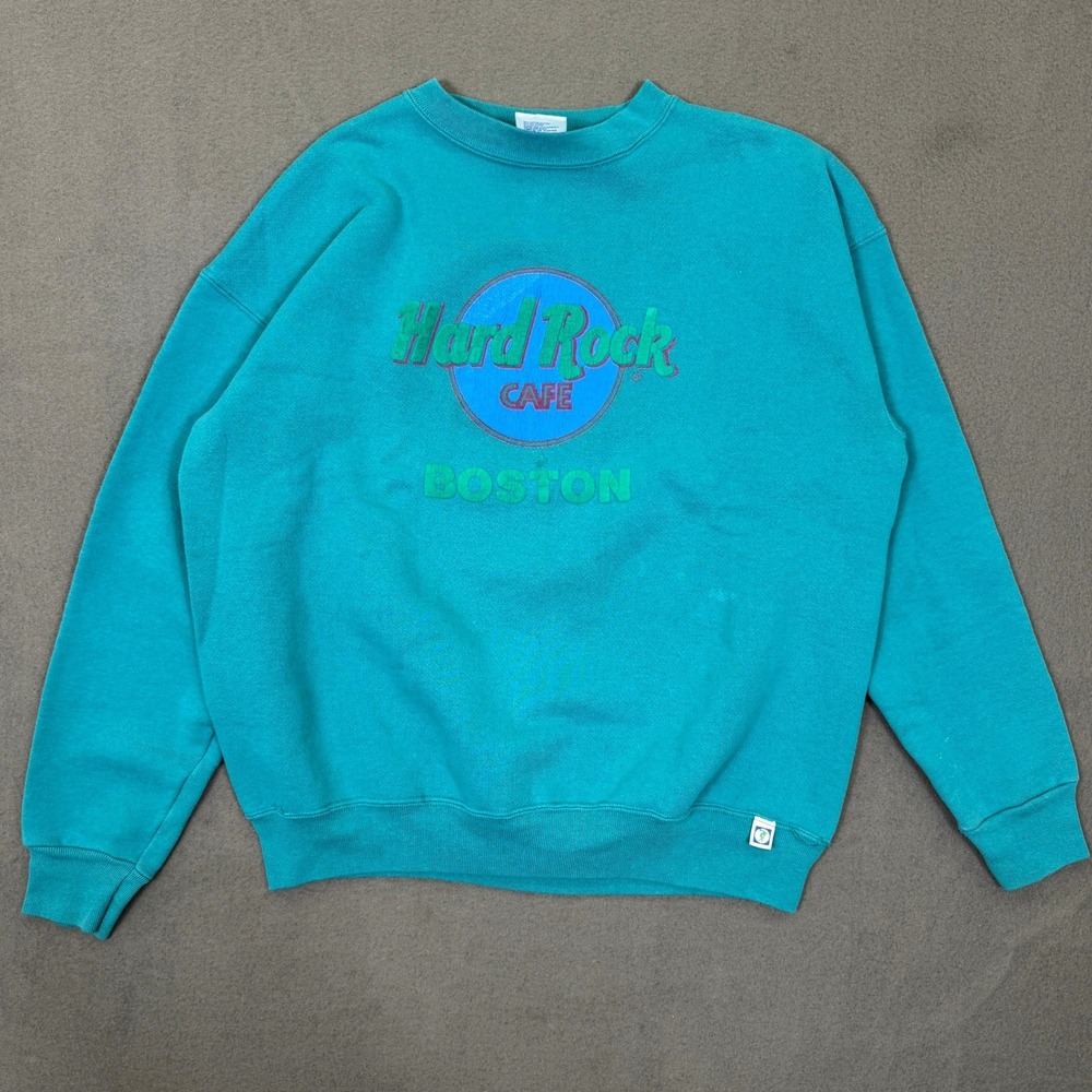 Vintage Hard Rock Cafe Boston Sweatshirt Men L Teal Discus Athletic Made In USA